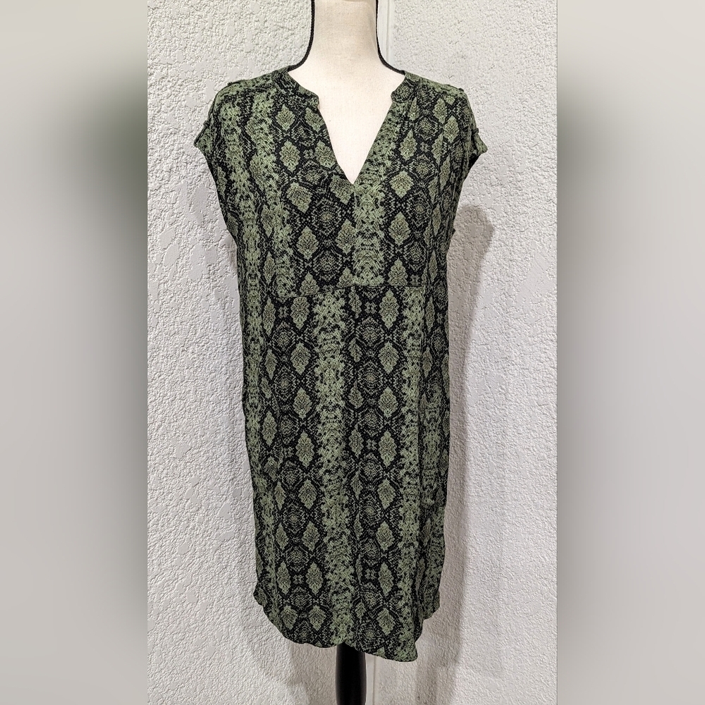 ANTHROPOLOGIE Size XS Green & Black Snake Print Rachel Tunic Dress w/Pockets